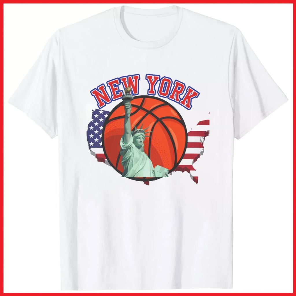 New York Basketball Statue Of Liberty USA Flag White Cotton T-Shirt S-5XL