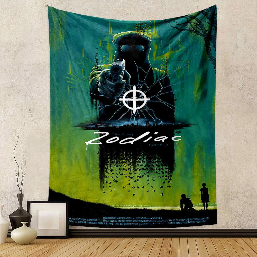A hooded figure with a gun, cryptic letters, and a shattered circle motif. Patterned tapestry for bedroom and living room home decor