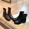 Cowhide Version French Square Head Leather Thick Heel Short Boots Small Ankle Boots Women's Autumn and Winter New Medium and High Heel Elastic Thi
