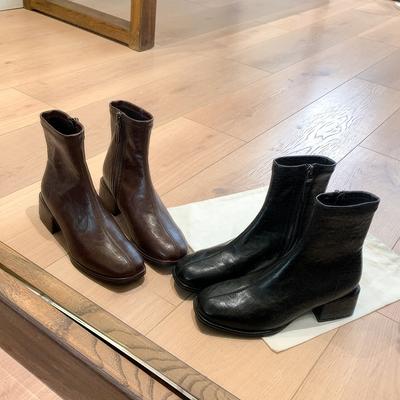 Версия из коровьей кожи, французский квадратный носок, кожаный толстый каблук, короткие ботильоны, женские осенне-зимние новые, средний и высокий каблук, эластичный thi