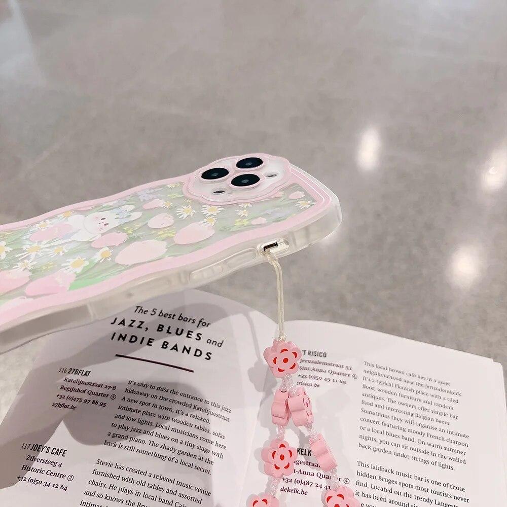 Волнистый чехол с милым цветком и мультяшным рисунком для iPhone 14 13 12 11 Pro Max XR XS X 7 8 Plus SE 2022, мягкий силиконовый чехол-бампер с веревкой