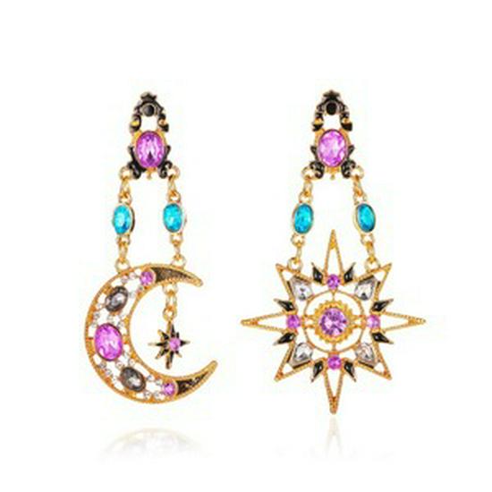 Retro Asymmetrical Sun & Moon Baroque Earrings: Exaggerated Long Design for Women