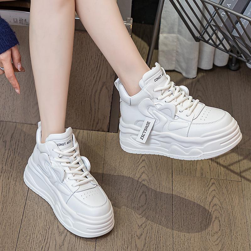 Leather casual board shoes spring and autumn new muffin platform short sports ins trendy high-top shoes