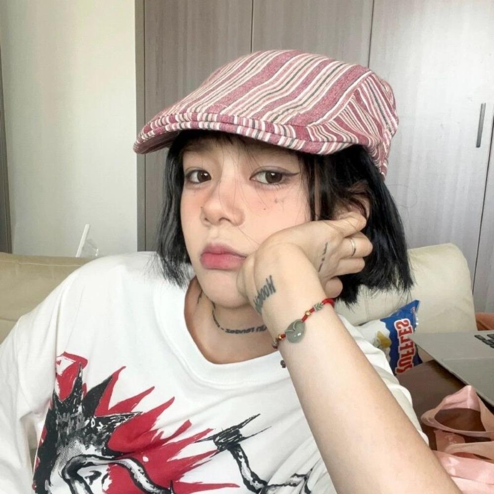 Y2k Newsboy Cap Striped Painter Hat New Peaked Caps Female