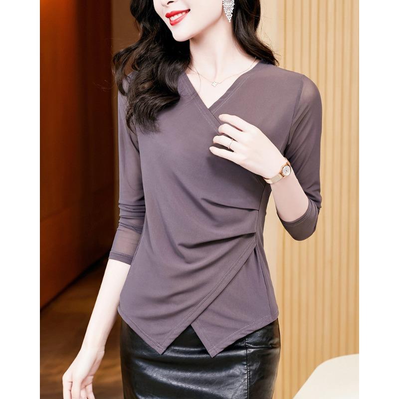 New Autumn Clothing Slim and Versatile Cross V-neck Solid Color Long-sleeved Mesh Base Shirt for Women's Inner T-shirt