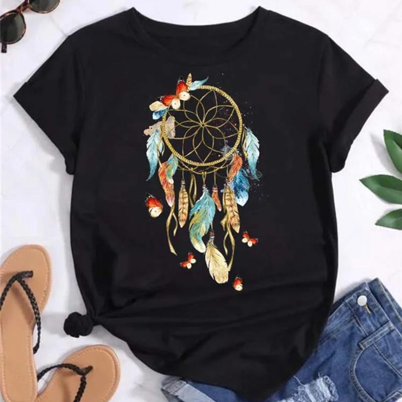Women Fashion T Shirt Girl Harajuku Feather Printing Graphic Tees Shirt Femme Dream Catcher Women's T-shirt Clothes Tops