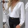JPNTKY Women's Fashion Casual Autumn Winter Solid Color Print Long Sleeve V-Neck Blouses & Shirts