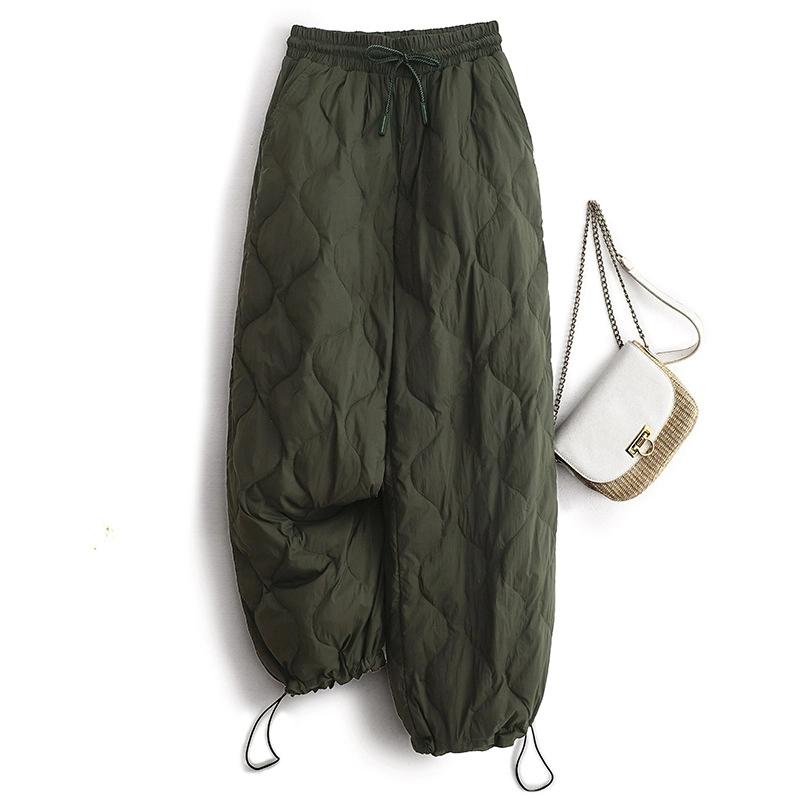 Кружевной эластичный пояс Брюки из прессованного хлопка с ромбовидным узором для женской осени и зимы Новые свободные ветрозащитные теплые брюки с широкими штанинами
