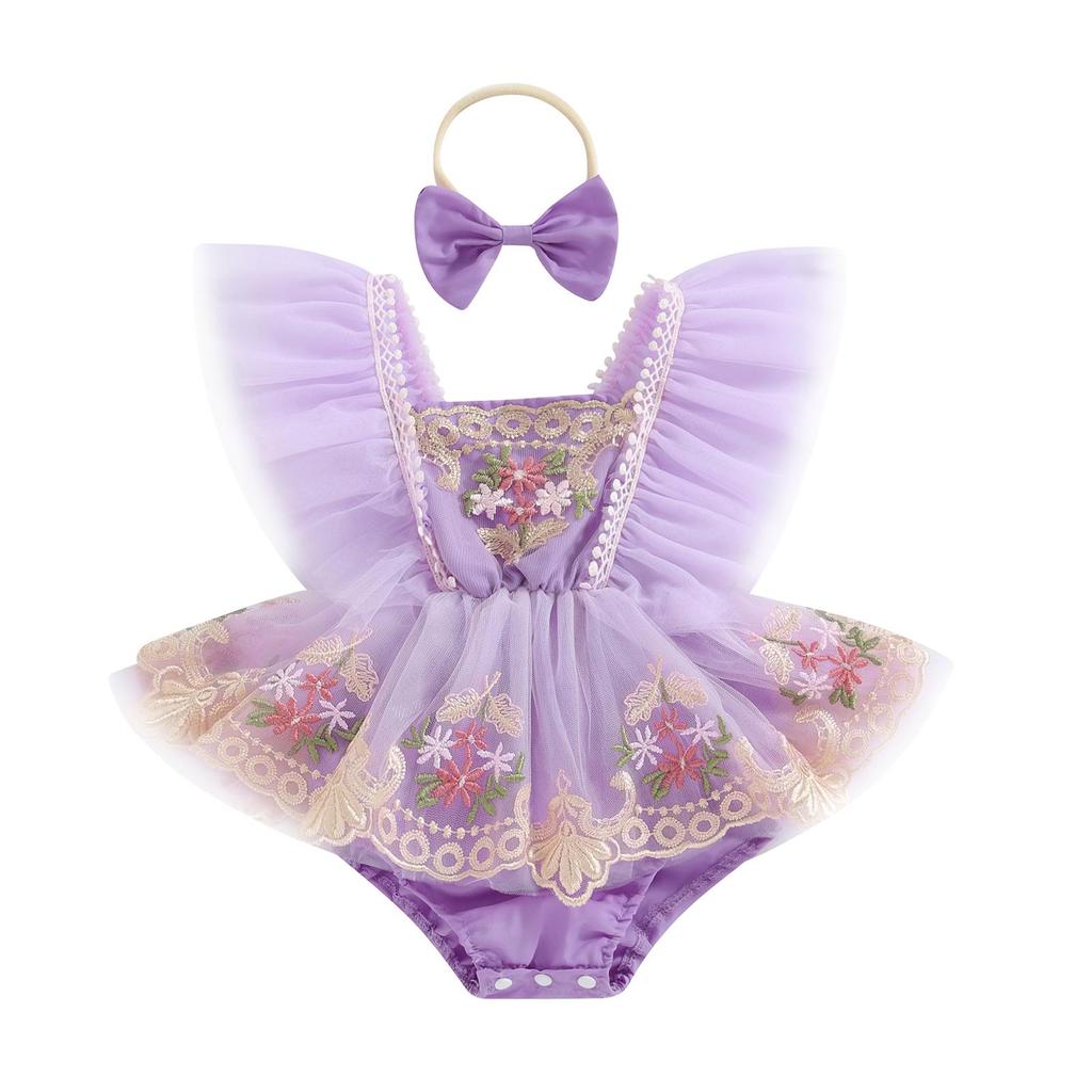 Наряд для новорожденных девочек 3, 6, 12, 18, 24 месяцев, тюлевой комбинезон с цветочной вышивкой и рукавами-крылышками, платье в стиле пэчворк с бантом, летняя одежда