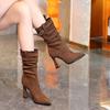 Fashion Pleated High-heeled Mid-calf Boots for Women 2025 autumn/Winter New Style Pointed-toe Stiletto Boots, Elegant Short Boots