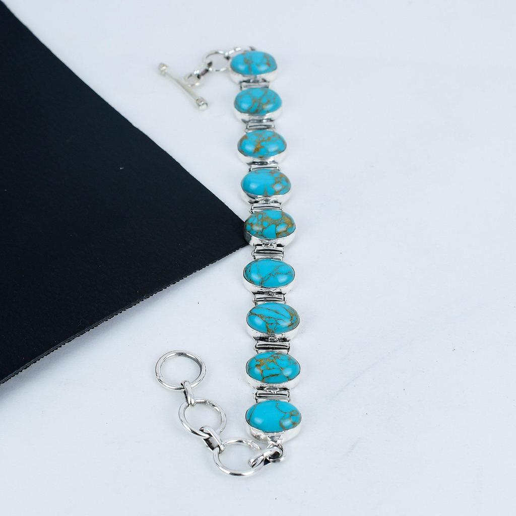 Natural Turquoise Gemstone Handmade 925 Sterling Silver Bracelet, Turquoise Bracelet For Wife , Unisex Bracelet Birthday Gift For Love