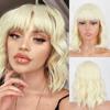 LISI HAIR Short Wave Bob Pink White Gradient Wig with Bangs Synthetic Fiber Short Wavy Daily Wear Cosplay Wig for Women