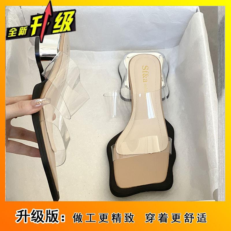 Premium sense niche sexy crystal thick heel 2025 spring and summer new high heels fairy transparent cool slippers outer wear