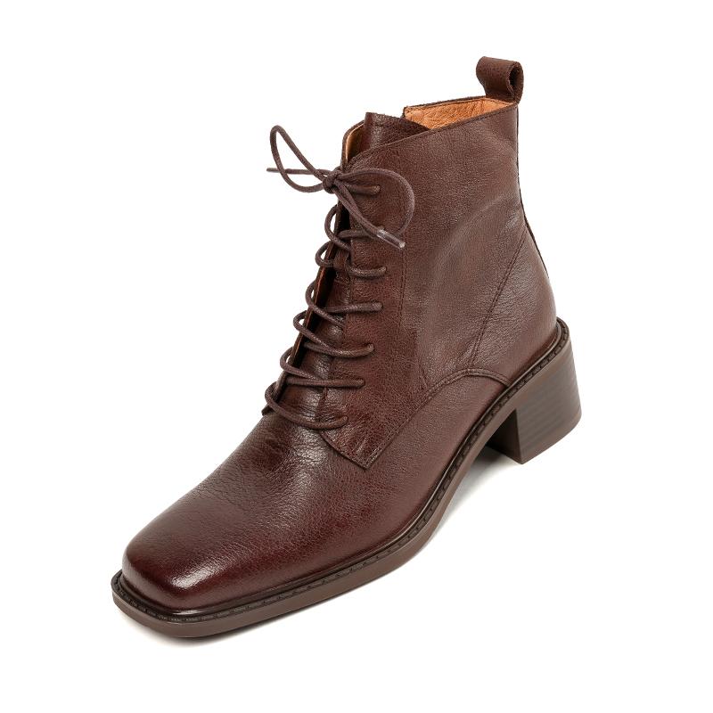 2024 New Women Boots Ankle Boots Thick High Heels Genuine Leather Shoes Woman Mature Office Lady Autumn Winter Lace-up Shoes