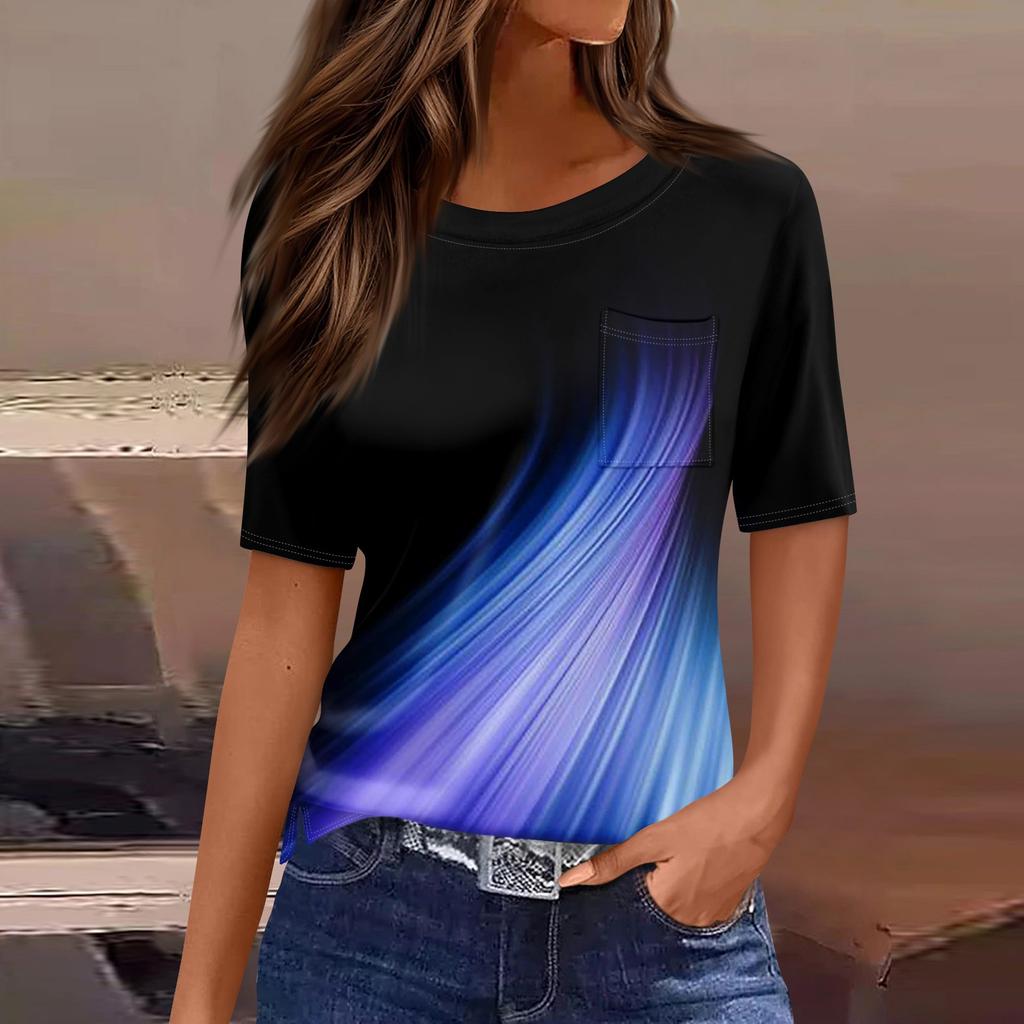 Футболки для женщин, плиссированные, с круглым вырезом, нарядные, повседневные, блузки с принтом, с коротким рукавом, летние топы, свободный крой