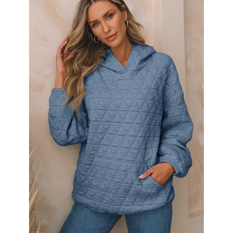 Autumn Solid Color Women's Hooded Sweatshirt Casual Wind Pocket Quilted Long Sleeve Top