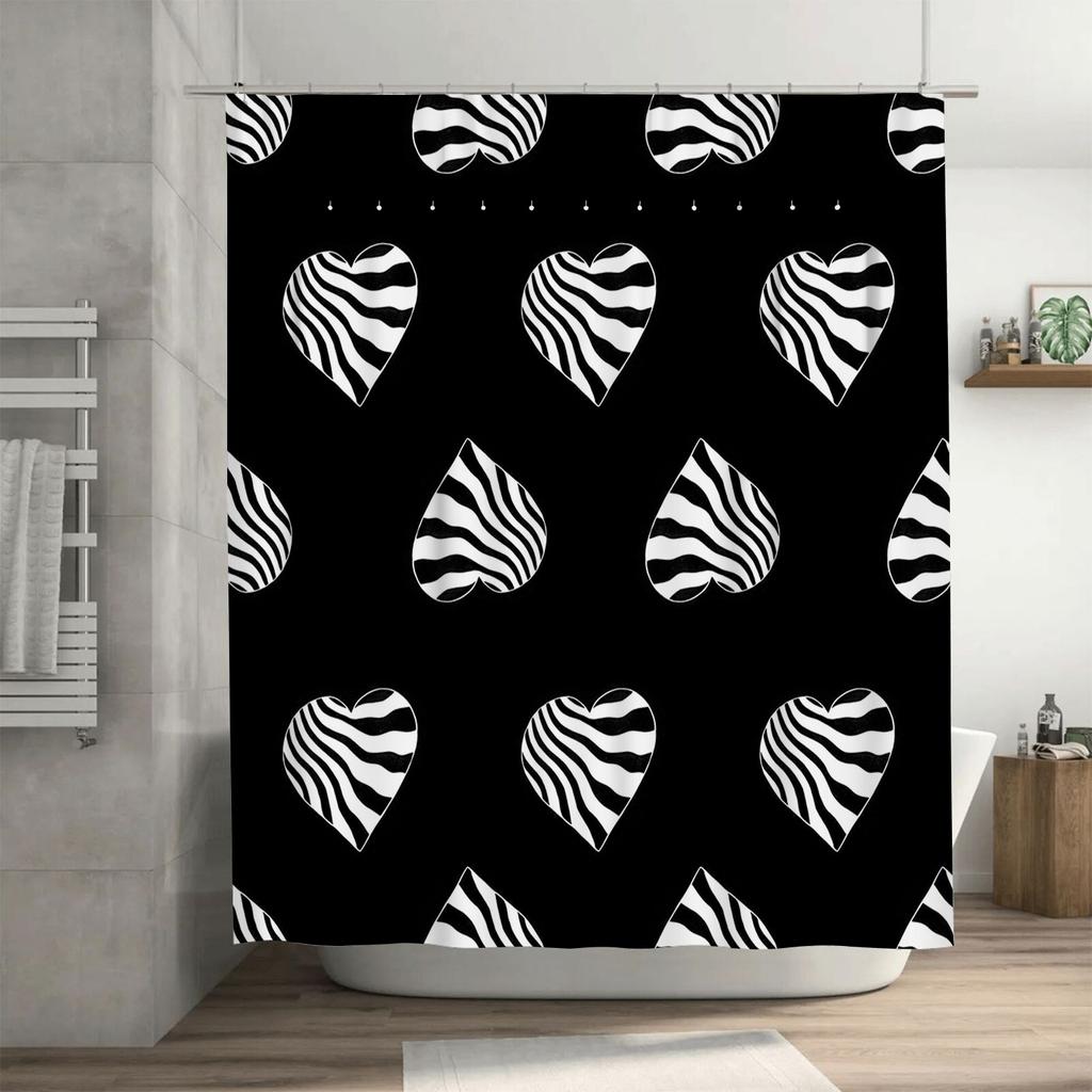 Black White Heart Pattern Shower Curtain Zebra Print Waterproof Fabric for Bathroom Decor Size72 x 84 inches (183cm x 213cm)