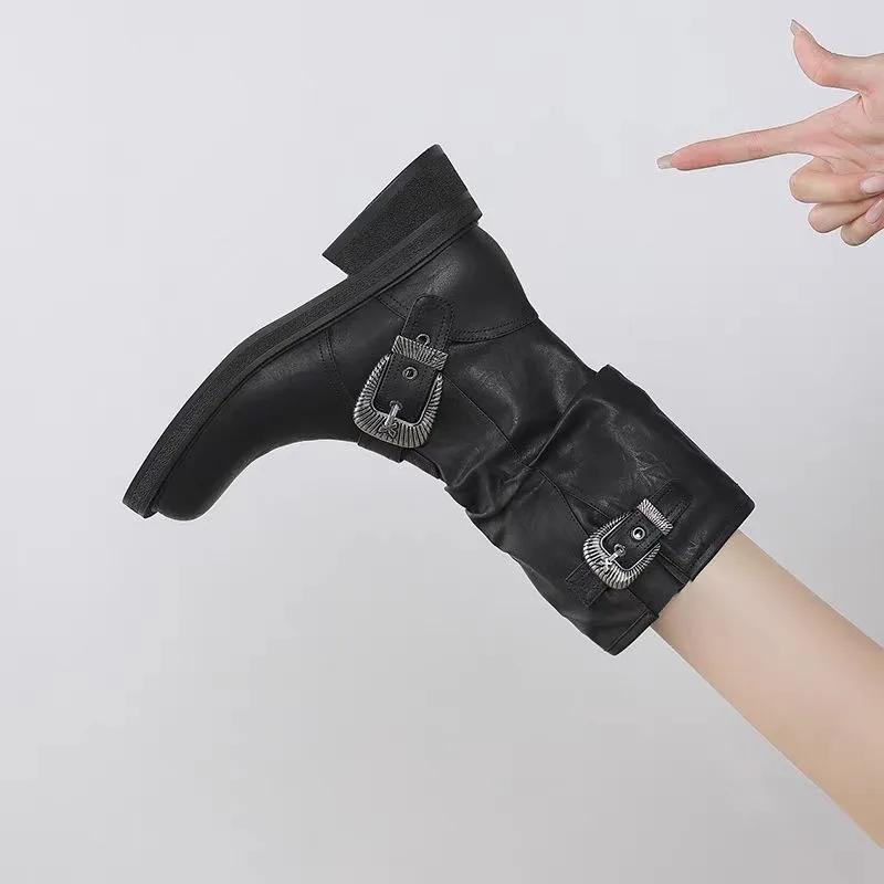 Women Fashion Boots Pleated Mid-calf Boots Platform Heels Autumn Cow Suede Women Boots Square Toe Chunky Heels Boots for