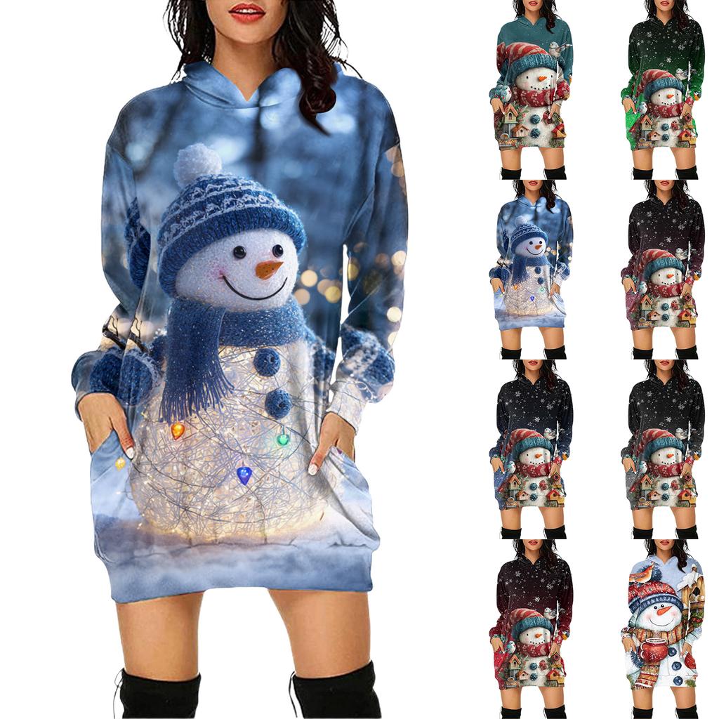 Women's Christmas Print Long-Sleeved Hooded Pocket Pullover Dress