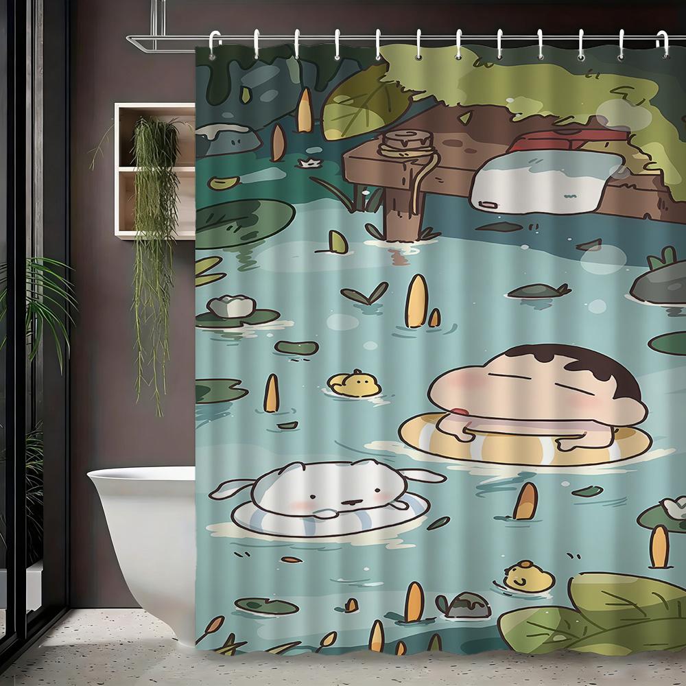 Шин-чан и Розовый Крокодил Игрушка Мультфильм 2D Печать Водонепроницаемая Шторка для Ванной, Минималистичный Белый с Цветными Звездами