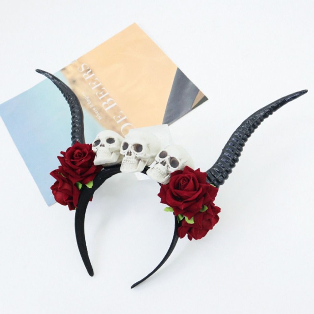 Skull Sheep Horn Hairband Halloween Red Rose Headband Flower Crown Ox Horns Headband  Cosplay