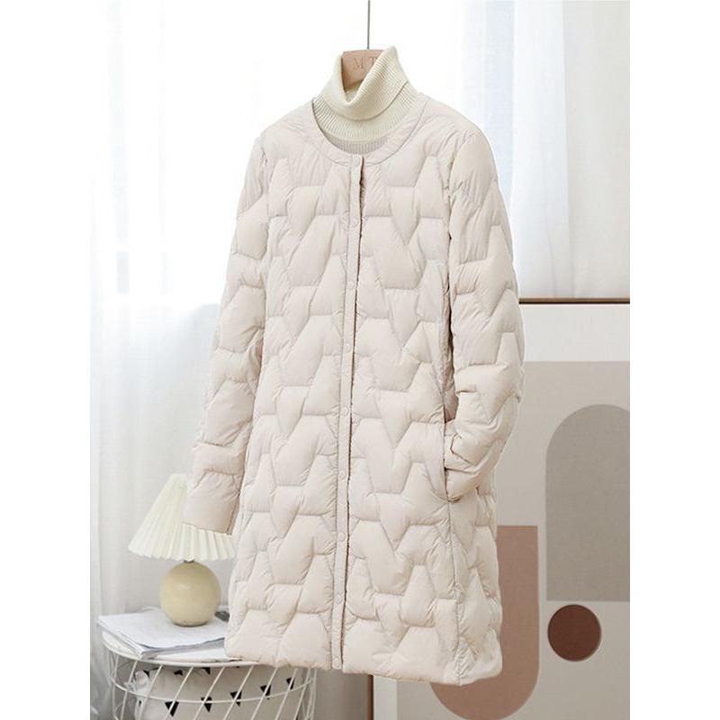 Осень и зима Новые легкие пуховики женские средние и длинные с круглым вырезом длинная корейская версия без воротника внутренняя куртка