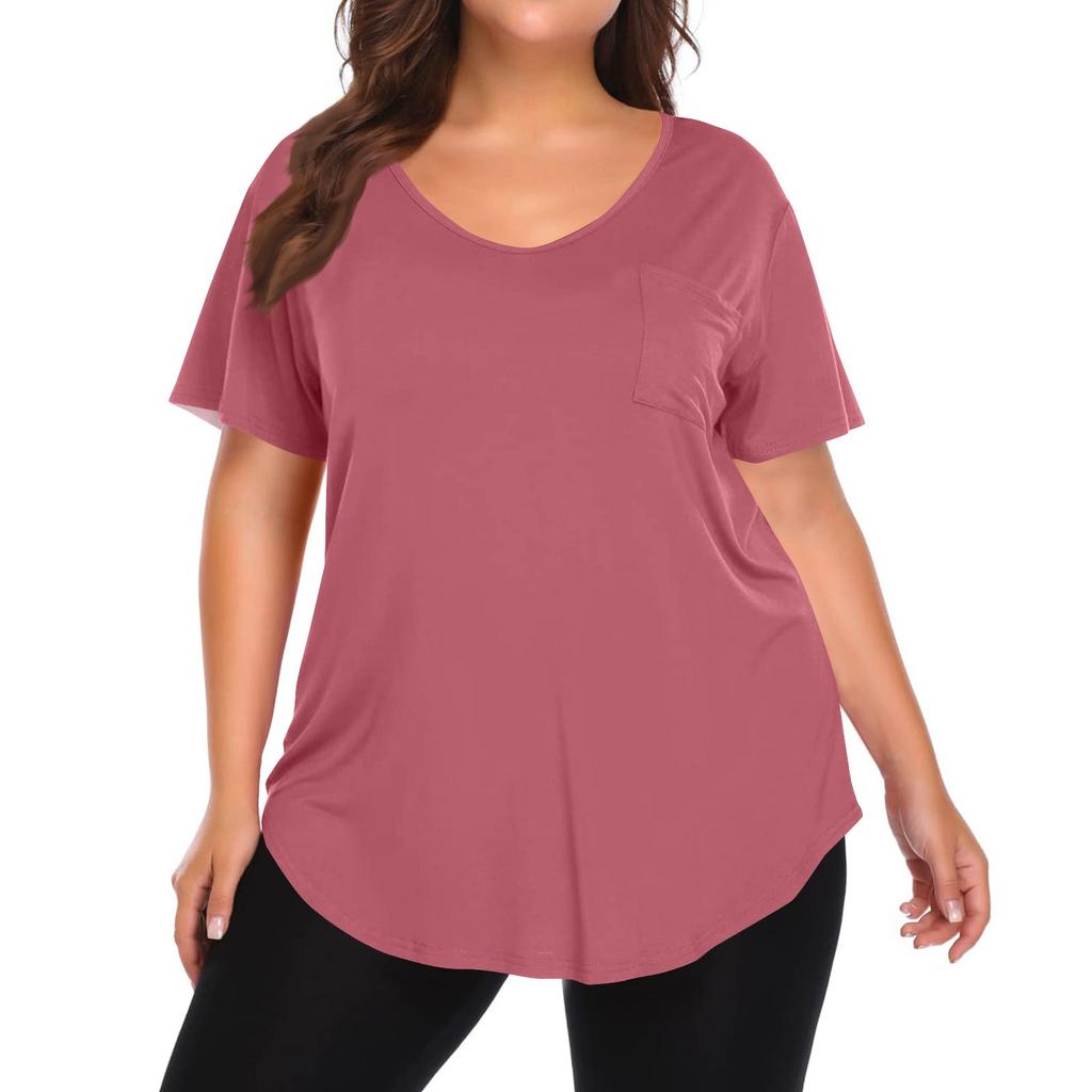 Women's Solid Color Large Size V-neck Top Loose Pocket T-shirt
