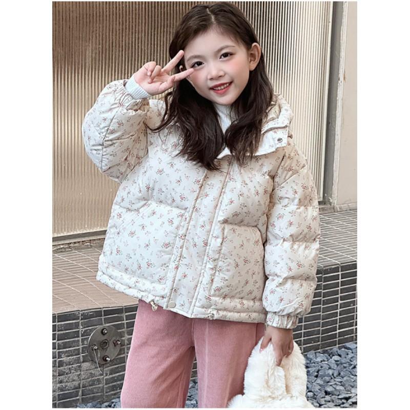 Girls Winter Cute Hooded Floral Cotton Jacket Long-sleeved Thickened Bread Clothes