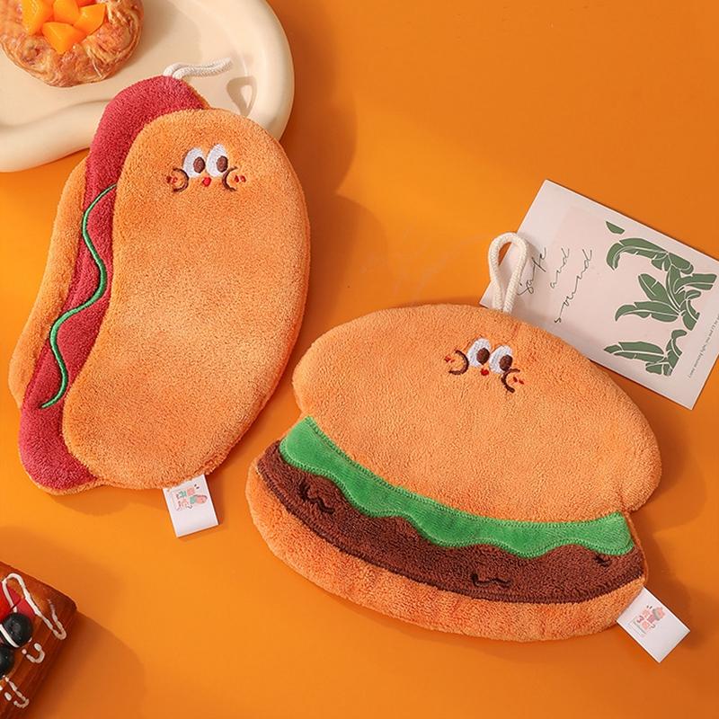 Cartoon Hamburger Toast Hand Towel Absorbent Coral Velvet Washing Hand Cloth Kitchen Bathroom Hanging Children Towel Thickened