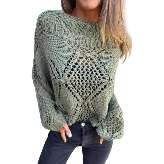 Женский свитер с круглым вырезом и длинным рукавом, ажурный дизайн, жаккардовый декор, вязаные топы, однотонный свободный покрой, повседневный свитер