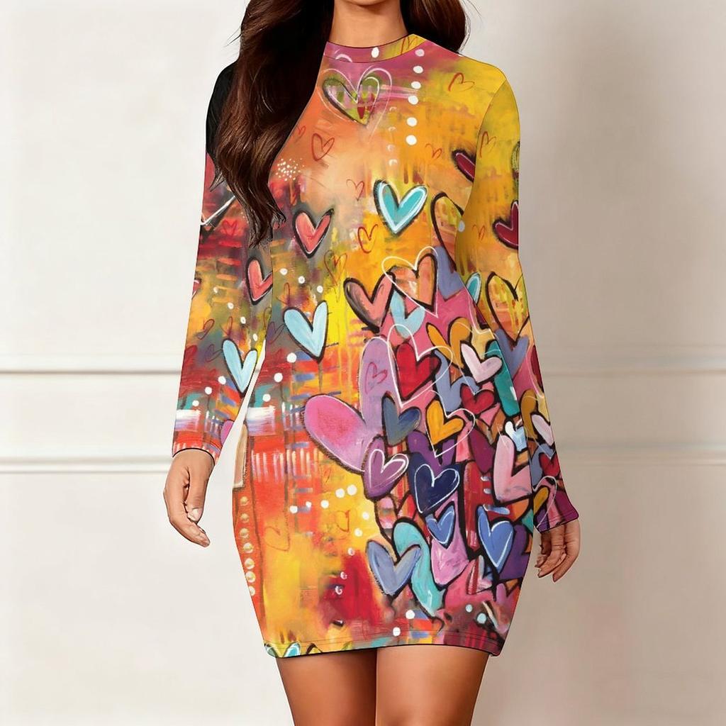 2025 Осень и Зима Новое 3D Принт с Любовным Узором и Окрашивание Женская Мода Платье с Длинным Рукавом и Круглым Вырезом, Облегающее Бедра Ограниченная Серия ко Дню Святого Валентина
