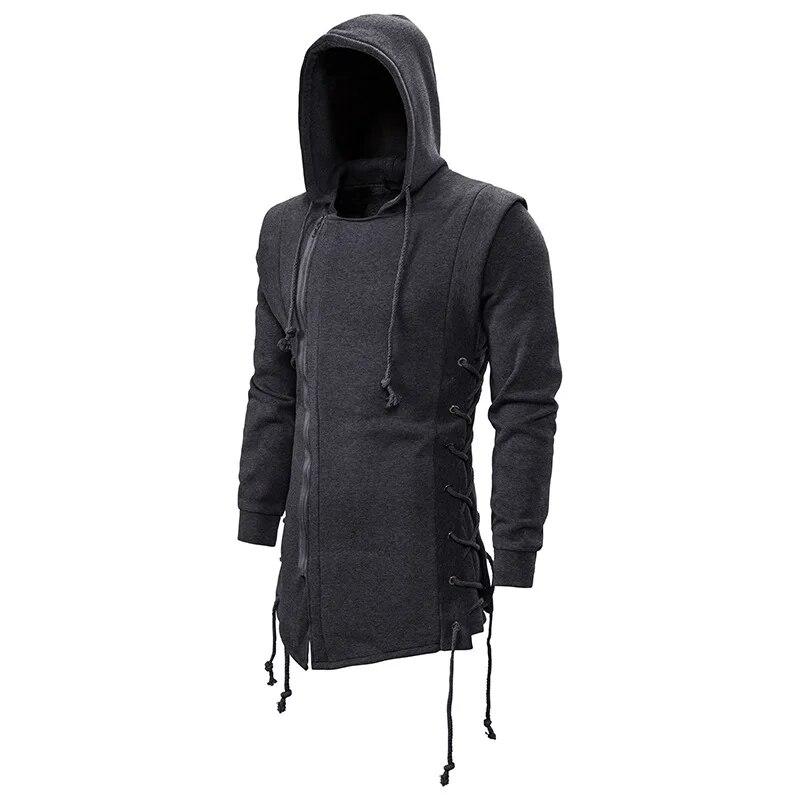 Men's Black Streetwear Zipper Hoodies Sweatshirts Hip Hop Casual Hooded Coat With Side Lashing Crossed Hoody Tracksuits