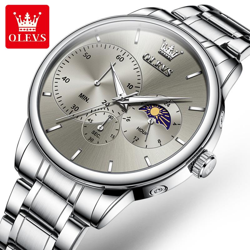 OLEVS Moon Phase Men's Watch Simple Casual Original Fashion Quartz Watch for Men Waterproof Luminous Stainleess Steel Wristwatch