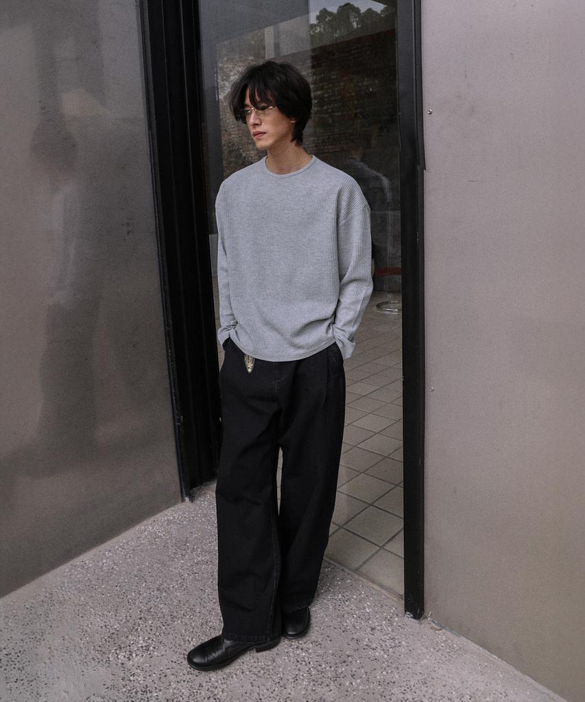 MOOD INSIDE Waffle Semi-Crop Long Sleeve_Gray