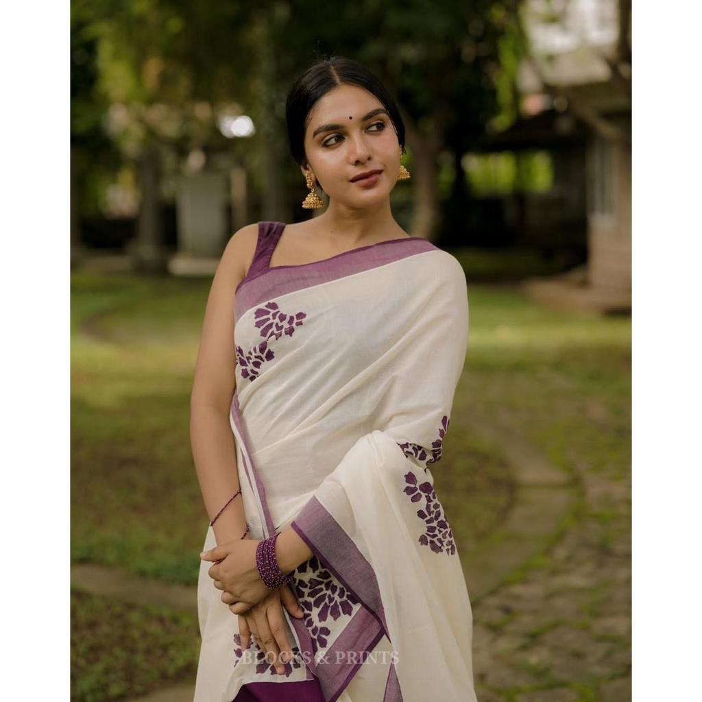 Льняное сари с серебряной каймой джари