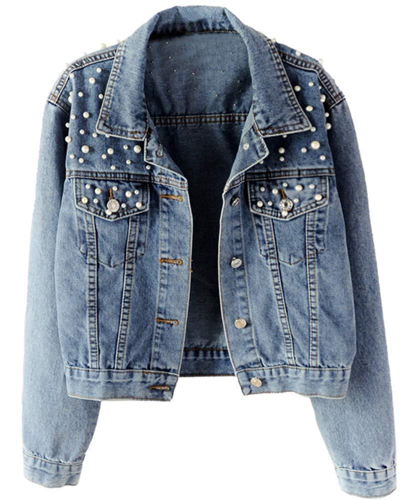 Women's Plus Size Studded Rhinestone Denim Jacket with Pearl Beading