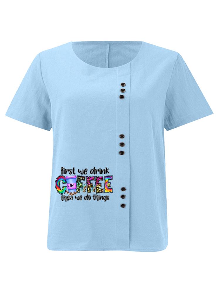 Women's Fashion Coffee Alphabet Print Printing Shot Sleeve T-shirt Loose Cotton Shirt Casual Loose Summer Plus Size Blouse Tops