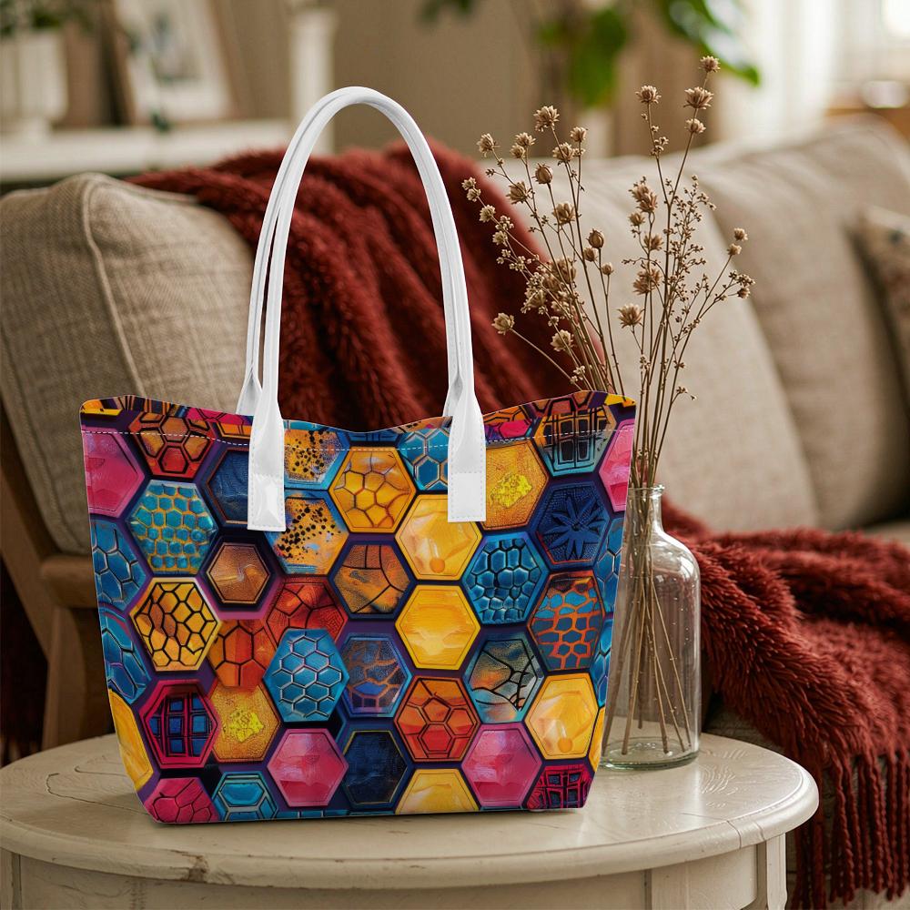 Colorful Hexagon Pattern Tote Bag Casual Reusable Shoulder Handbag for Daily Shopping Commute