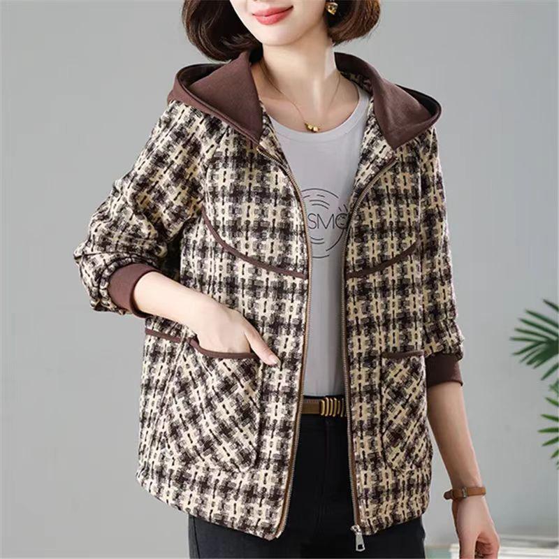 Chic Spring Hooded Checkered Coat Women Short Jacket Middle Aged Mom Fashion Casual Outerwear
