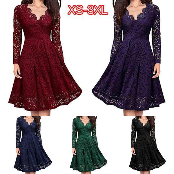 Женское кружевное платье, новое сплошное цветное платье с v-образным вырезом и длинным рукавом, большие качели, тонкая юбка-миди, женские осенние и зимние вечерние модные платья
