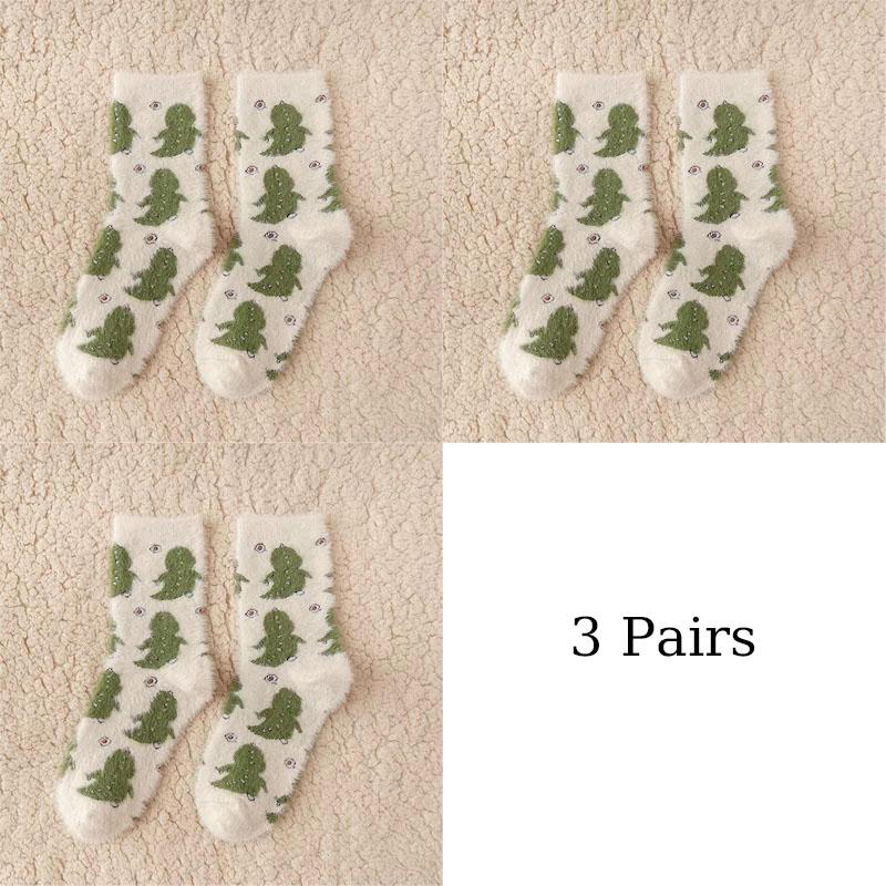 3 Pairs Cute Cow Spots Print Sock Thickened Warm Coral Fleece Women's Socks