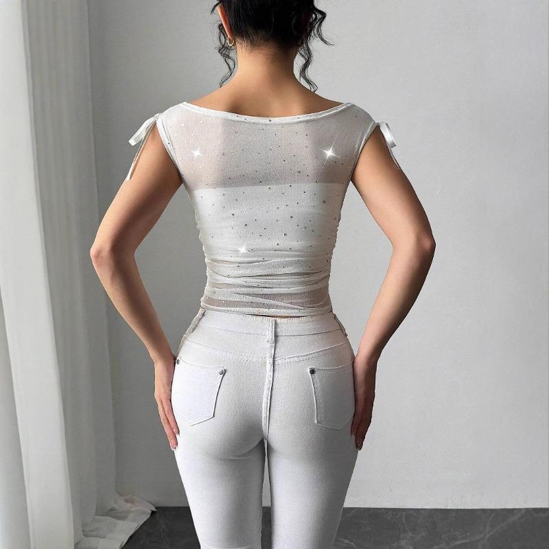 Women S Sequin Mesh Off Shoulder Bow Pleated T Shirt Top