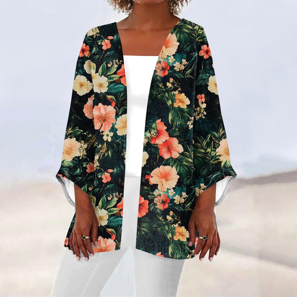 Women's Casual And Fashionable Printed Lightweight Mid Length Jacket Cardigan Cardigan
