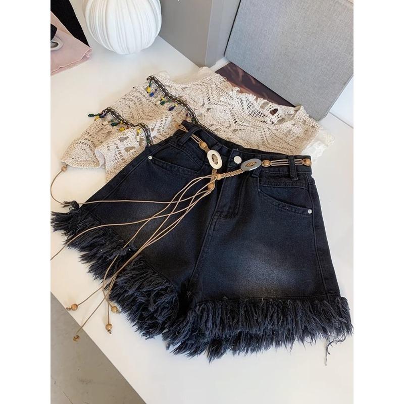 Tassel Fringed Denim Shorts for Women High Waist Thin Wide Leg A-line Half Pants Solid Color Sexy Style Ladies' Clothing
