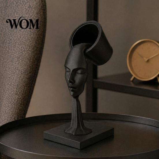 Living Room Decoration Abstract Human Face Sculpture, Surrealism Artistic Statue, 3D Printed Light Luxury Decor Modern Black Floating Bucket Figurine
