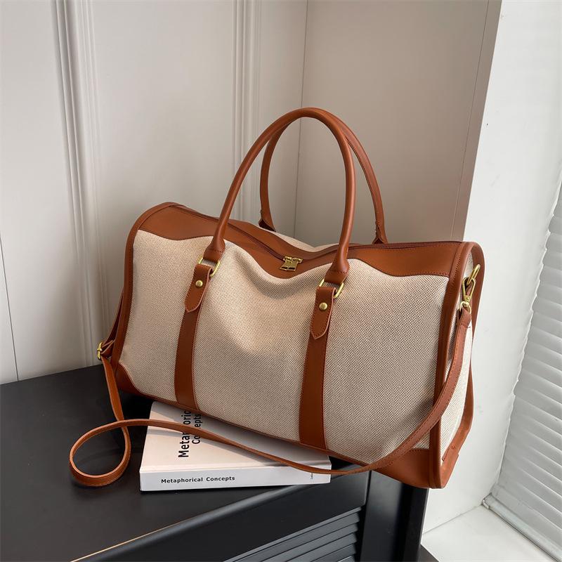 Ретро женская холщовая дорожная сумка - Большая вместимость, Дизайн с цветовыми блоками, Идеальна для спорта, фитнеса и путешествий на короткие расстояния