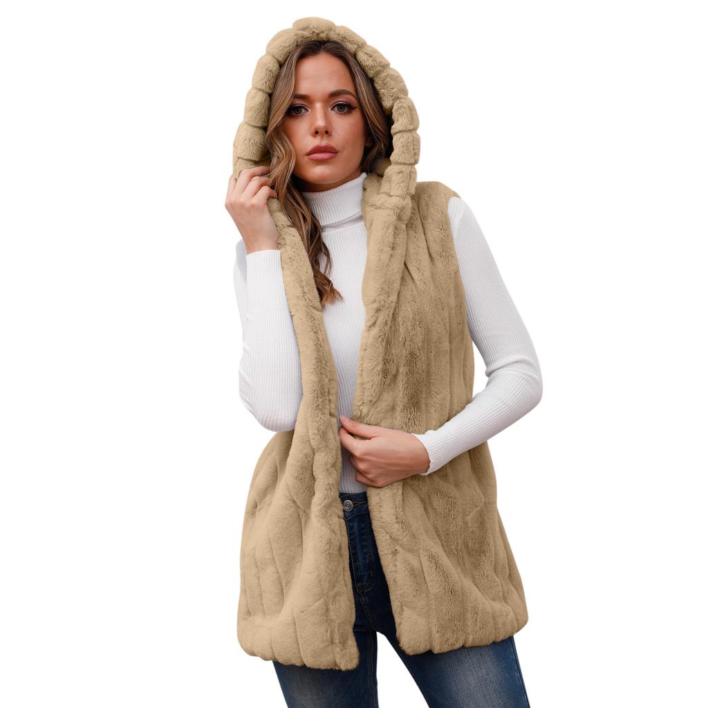 Женский осенне-зимний однотонный флисовый теплый парусиновый жилет с капюшоном