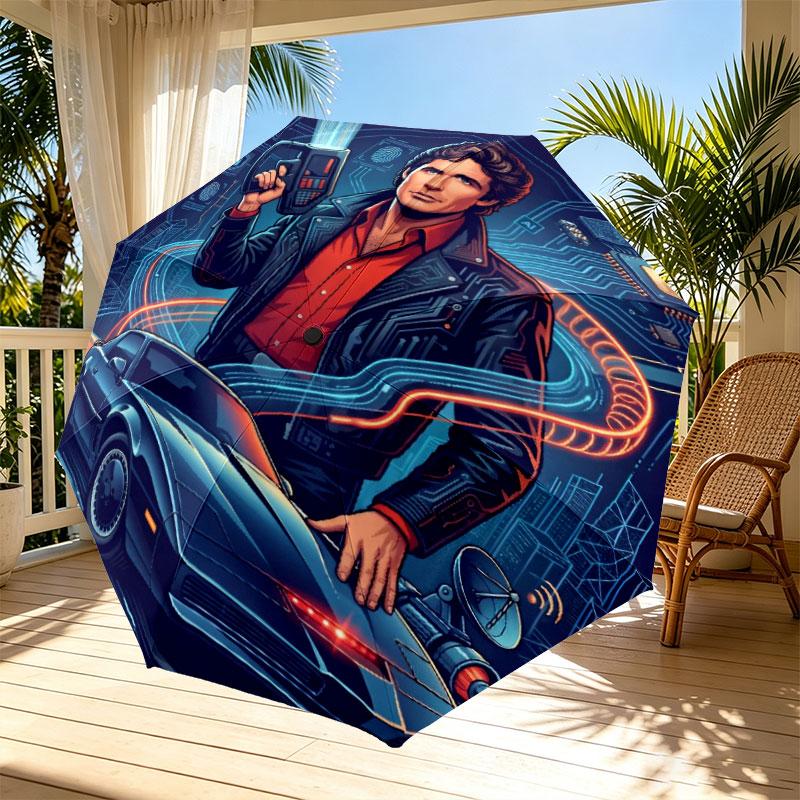 Knight Rider Print Automatic Open Close Umbrella, Portable Foldable Umbrella, for Outdoor Commute Camping Trip, Ideal Birthday Gift
