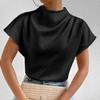 Women Casual Tops Collar Short Sleeve Color Smooth Pleated T-shirt Solid Half High Satin Pullover Tops
