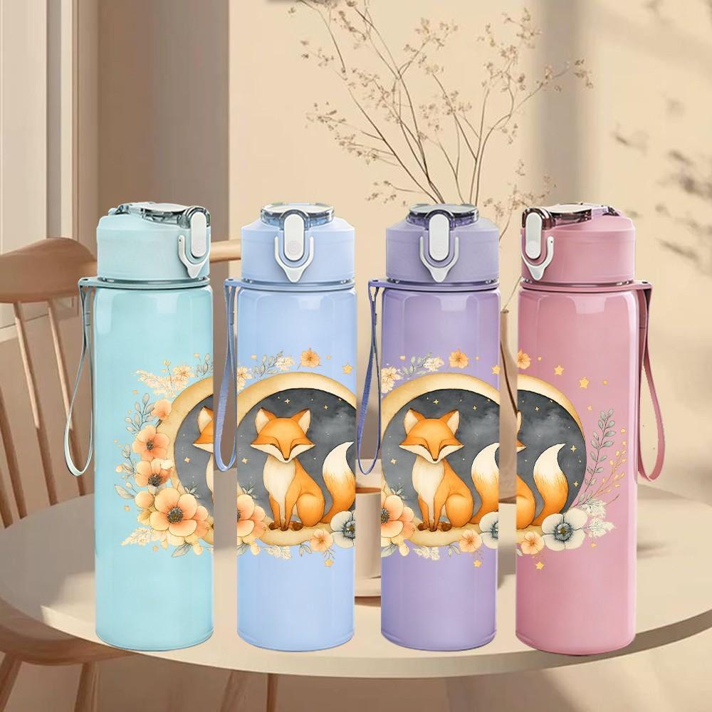 1PC Moon Wreath Fox Portrait 750ml Color Plastic Sports Water Bottle Leakproof Flip Straw Lid Suitable for Sports Office Home Use